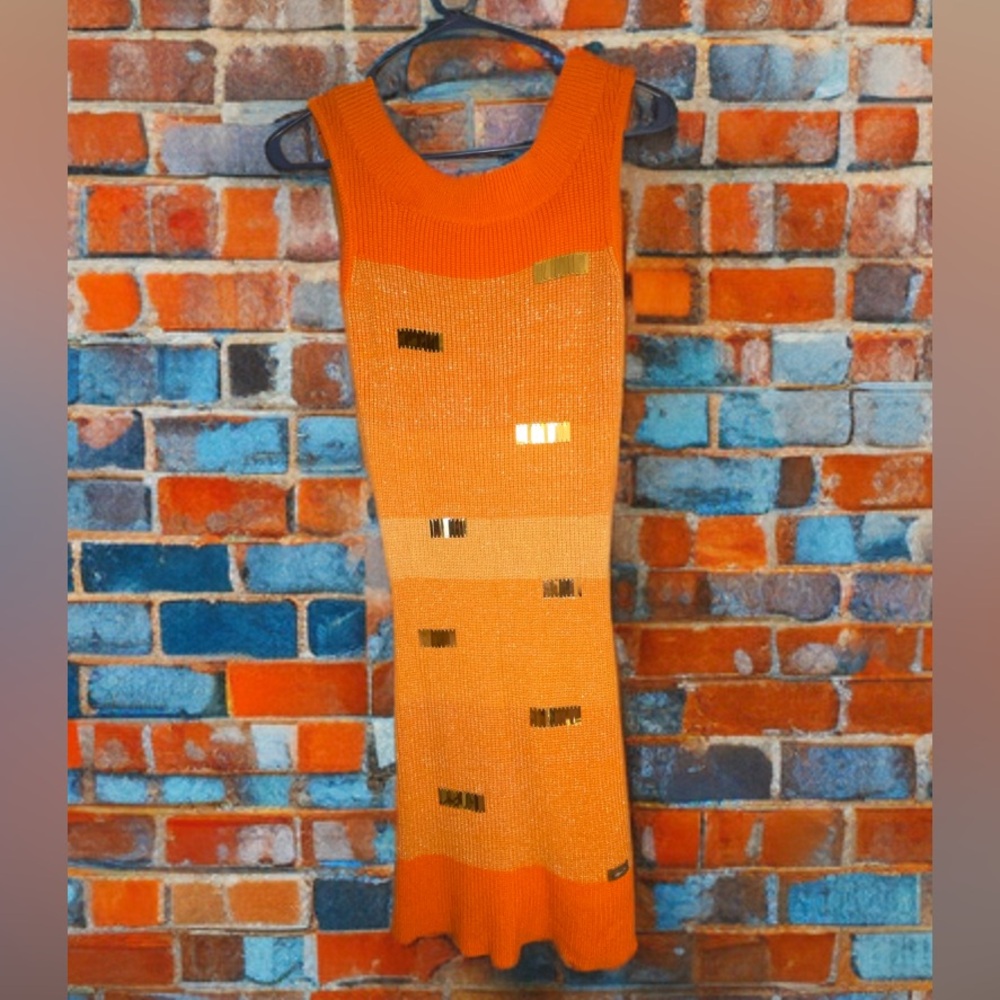 Apple 🍎 Bottoms Vibrant Orange Knit Dress with Gold Details